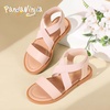 image:imagePANDANINJIA Girls Sandals Slipon Elastic Ankle Cross Strappy Gladiator Dress Sandals Flats Summer Shoes Little Big Kids SandalsPink Pu