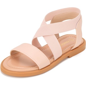 image:imagePANDANINJIA Girls Sandals Slipon Elastic Ankle Cross Strappy Gladiator Dress Sandals Flats Summer Shoes Little Big Kids SandalsPink Pu