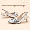 image:imagePANDANINJIA Girls Dress Shoes Slingback Bow Kitten Heels Closed Pointed Toe Low Short Heeled Sandals Flower Girl Little Big Kid Pumps Wedding Party Dressy ShoesSilver Pu