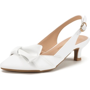 image:imagePANDANINJIA Girls Dress Shoes Slingback Bow Kitten Heels Closed Pointed Toe Low Short Heeled Sandals Flower Girl Little Big Kid Pumps Wedding Party Dressy ShoesWhite Pu