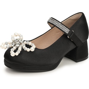 image:imagePANDANINJIA Girls Dress Shoes Chunky Platform Heels Mary Jane Pumps Round Toe Toddler Little Big Kid Wedding Party ShoesBlack Silk