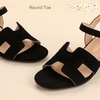 image:imagePANDANINJIA Girls Sandals Low Chunky Kids Heels Open Toe Ankle Strap Flower Girls Dress Shoes Wedding Party for Little Big Kid ShoesBlack Nubuck