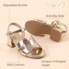 image:imagePANDANINJIA Girls Sandals Low Chunky Kids Heels Open Toe Ankle Strap Flower Girls Dress Shoes Wedding Party for Little Big Kid ShoesGold Pu