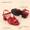 image:imagePANDANINJIA Girls Sandals Low Chunky Kids Heels Open Toe Ankle Strap Flower Girls Dress Shoes Wedding Party for Little Big Kid ShoesRed Suede