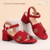 image:imagePANDANINJIA Girls Sandals Low Chunky Kids Heels Open Toe Ankle Strap Flower Girls Dress Shoes Wedding Party for Little Big Kid ShoesRed Suede