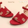 image:imagePANDANINJIA Girls Sandals Low Chunky Kids Heels Open Toe Ankle Strap Flower Girls Dress Shoes Wedding Party for Little Big Kid ShoesRed Suede