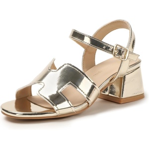 image:imagePANDANINJIA Girls Sandals Low Chunky Kids Heels Open Toe Ankle Strap Flower Girls Dress Shoes Wedding Party for Little Big Kid ShoesGold Pu
