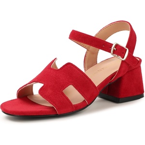 image:imagePANDANINJIA Girls Sandals Low Chunky Kids Heels Open Toe Ankle Strap Flower Girls Dress Shoes Wedding Party for Little Big Kid ShoesRed Suede