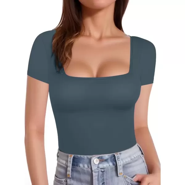 imageATHMILE Modal Short Sleeve Shirts for Women 2024 Fashion Square Neck Basics Slim Fitted TopsHaze Blue