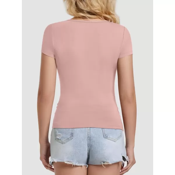imageATHMILE Modal Short Sleeve Shirts for Women 2024 Fashion Square Neck Basics Slim Fitted TopsDarkpink
