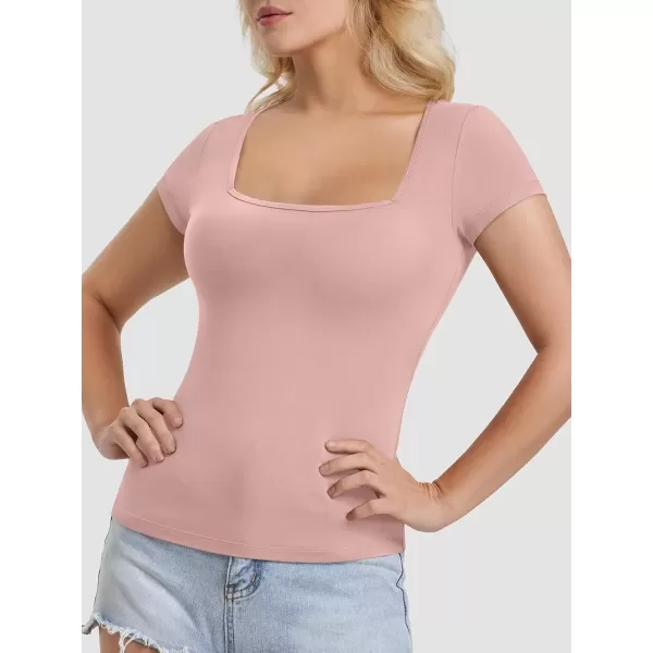 imageATHMILE Modal Short Sleeve Shirts for Women 2024 Fashion Square Neck Basics Slim Fitted TopsDarkpink