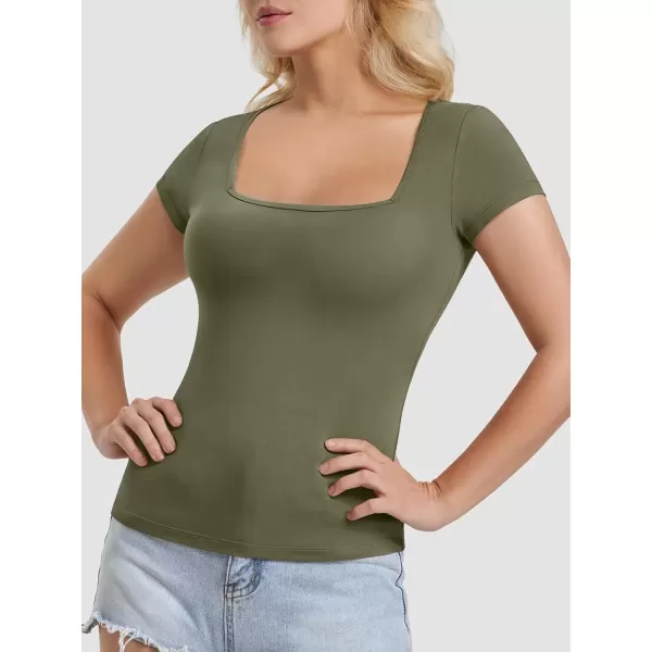 imageATHMILE Modal Short Sleeve Shirts for Women 2024 Fashion Square Neck Basics Slim Fitted TopsArmygreen