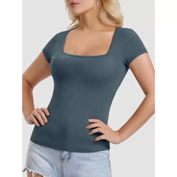 imageATHMILE Modal Short Sleeve Shirts for Women 2024 Fashion Square Neck Basics Slim Fitted TopsHaze Blue