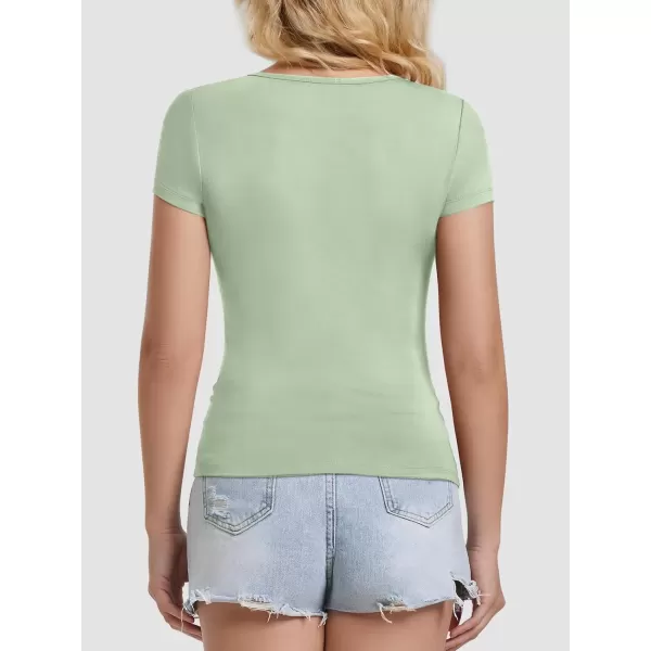 imageATHMILE Modal Short Sleeve Shirts for Women 2024 Fashion Square Neck Basics Slim Fitted TopsGrey Green