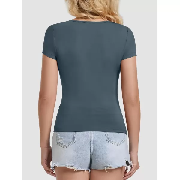 imageATHMILE Modal Short Sleeve Shirts for Women 2024 Fashion Square Neck Basics Slim Fitted TopsHaze Blue