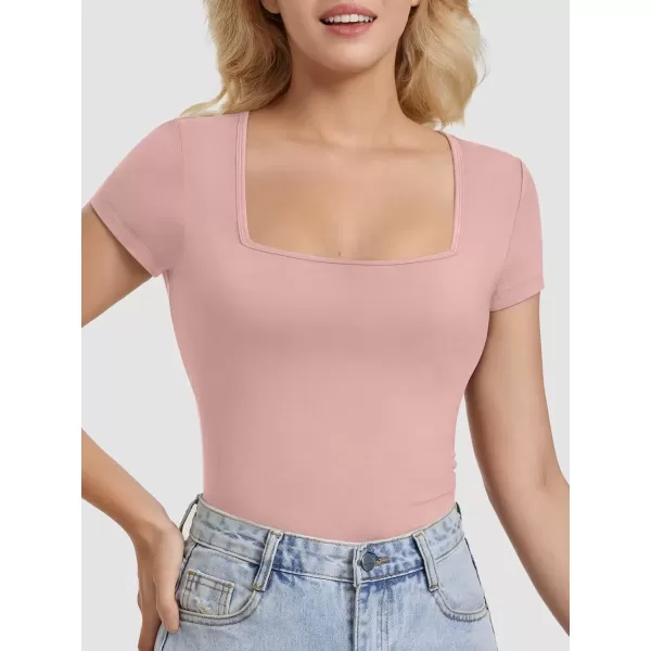 imageATHMILE Modal Short Sleeve Shirts for Women 2024 Fashion Square Neck Basics Slim Fitted TopsDarkpink