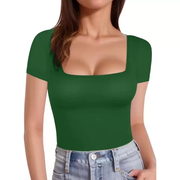 imageATHMILE Modal Short Sleeve Shirts for Women 2024 Fashion Square Neck Basics Slim Fitted TopsDarkgreen