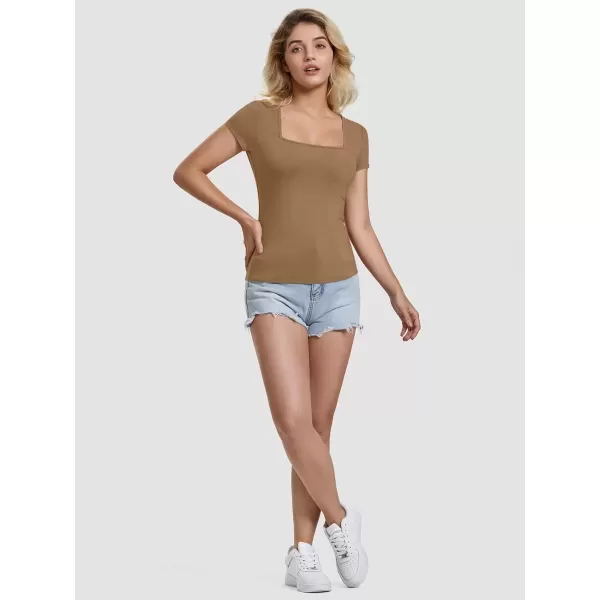 imageATHMILE Modal Short Sleeve Shirts for Women 2024 Fashion Square Neck Basics Slim Fitted TopsCoffee