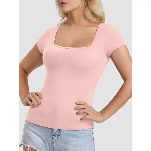 imageATHMILE Modal Short Sleeve Shirts for Women 2024 Fashion Square Neck Basics Slim Fitted TopsPeach