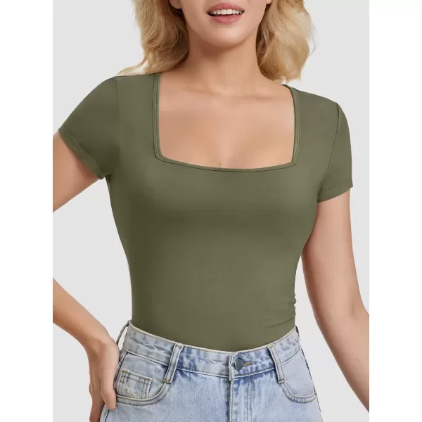 imageATHMILE Modal Short Sleeve Shirts for Women 2024 Fashion Square Neck Basics Slim Fitted TopsArmygreen