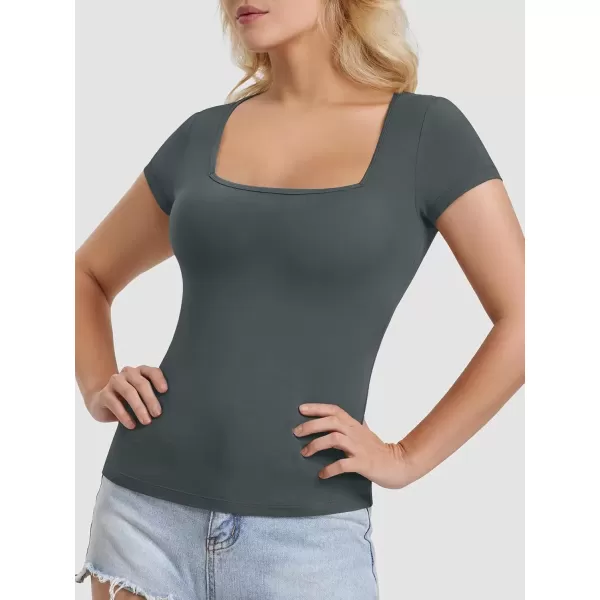 imageATHMILE Modal Short Sleeve Shirts for Women 2024 Fashion Square Neck Basics Slim Fitted TopsDarkgrey