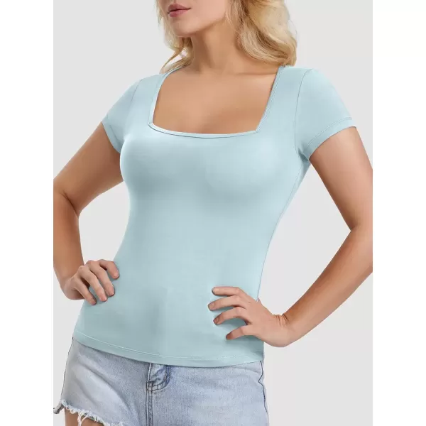 imageATHMILE Modal Short Sleeve Shirts for Women 2024 Fashion Square Neck Basics Slim Fitted TopsSkyblue