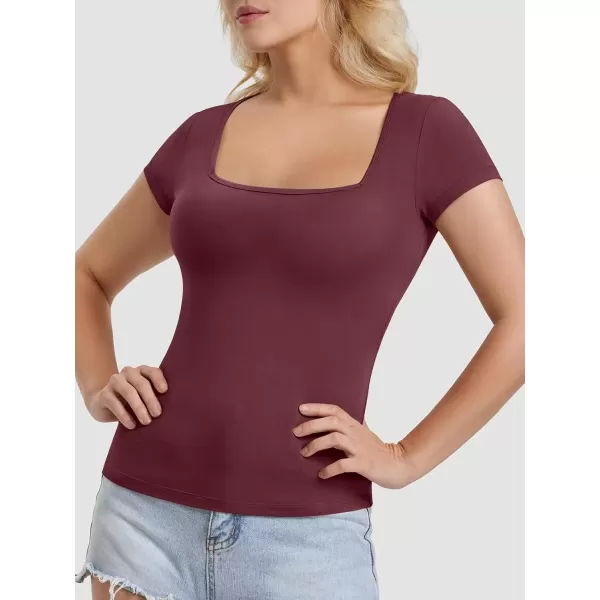 imageATHMILE Modal Short Sleeve Shirts for Women 2024 Fashion Square Neck Basics Slim Fitted TopsWinered