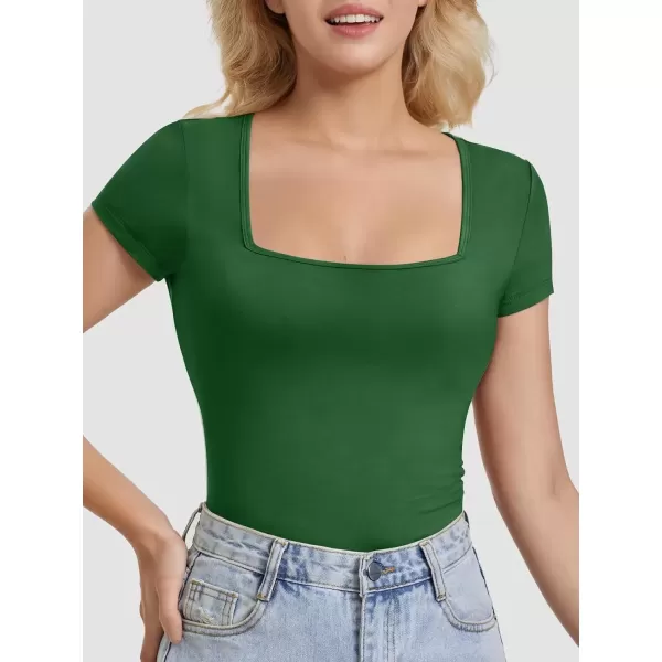 imageATHMILE Modal Short Sleeve Shirts for Women 2024 Fashion Square Neck Basics Slim Fitted TopsDarkgreen