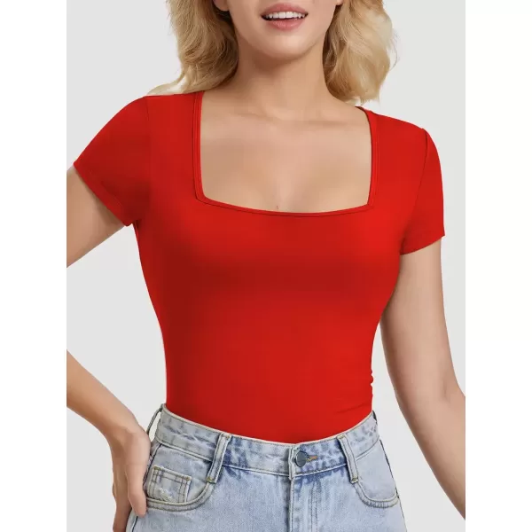 imageATHMILE Modal Short Sleeve Shirts for Women 2024 Fashion Square Neck Basics Slim Fitted TopsRed
