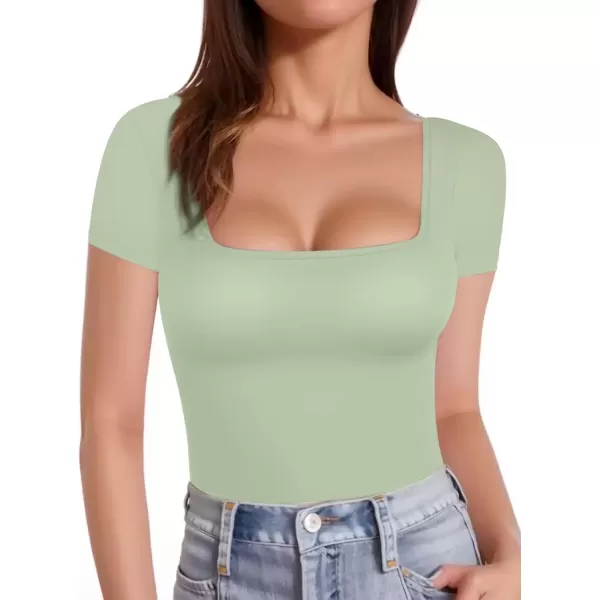 imageATHMILE Modal Short Sleeve Shirts for Women 2024 Fashion Square Neck Basics Slim Fitted TopsGrey Green