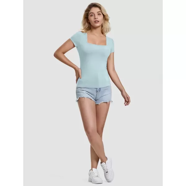 imageATHMILE Modal Short Sleeve Shirts for Women 2024 Fashion Square Neck Basics Slim Fitted TopsSkyblue