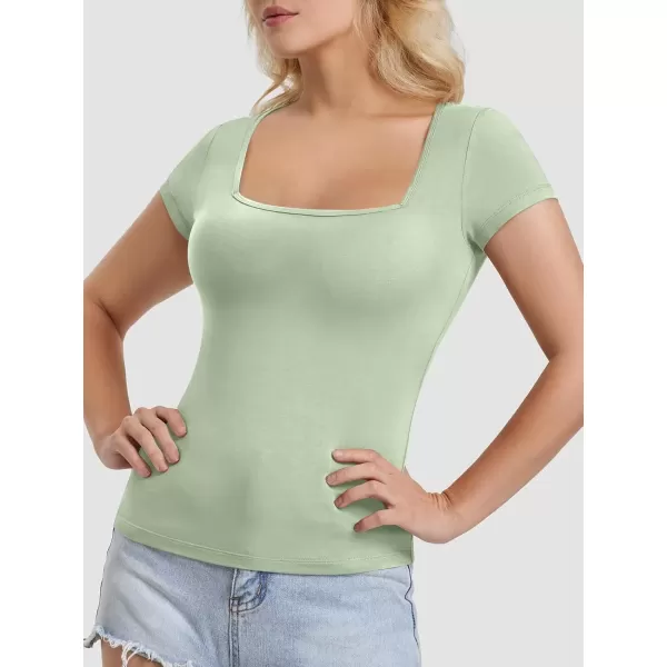 imageATHMILE Modal Short Sleeve Shirts for Women 2024 Fashion Square Neck Basics Slim Fitted TopsGrey Green