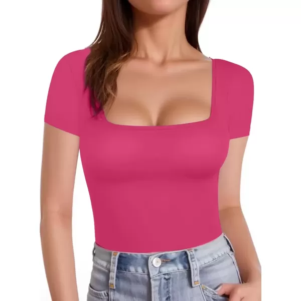 imageATHMILE Modal Short Sleeve Shirts for Women 2024 Fashion Square Neck Basics Slim Fitted TopsRosepink