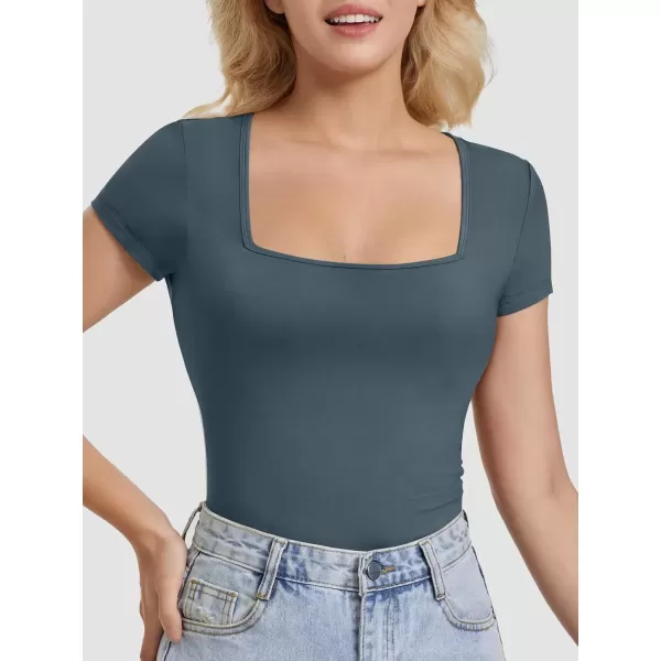 imageATHMILE Modal Short Sleeve Shirts for Women 2024 Fashion Square Neck Basics Slim Fitted TopsHaze Blue