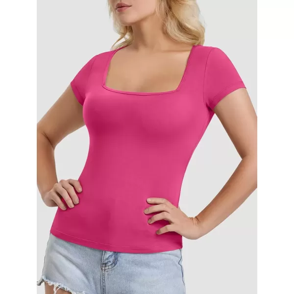 imageATHMILE Modal Short Sleeve Shirts for Women 2024 Fashion Square Neck Basics Slim Fitted TopsRosepink