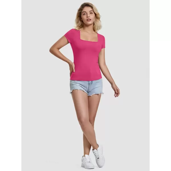 imageATHMILE Modal Short Sleeve Shirts for Women 2024 Fashion Square Neck Basics Slim Fitted TopsRosepink