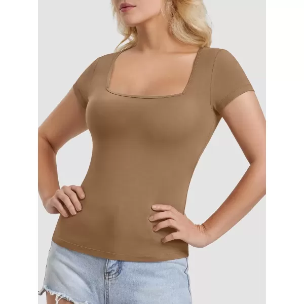imageATHMILE Modal Short Sleeve Shirts for Women 2024 Fashion Square Neck Basics Slim Fitted TopsCoffee