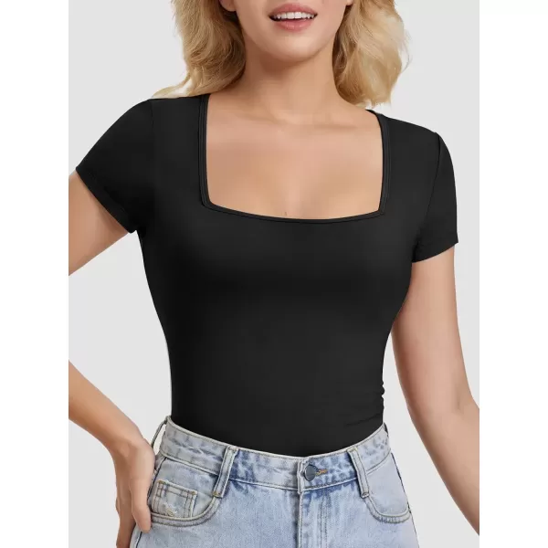 imageATHMILE Modal Short Sleeve Shirts for Women 2024 Fashion Square Neck Basics Slim Fitted TopsBlack