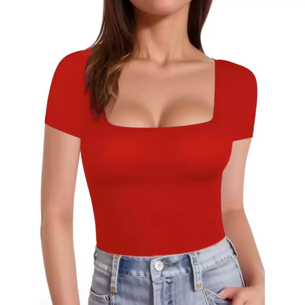 imageATHMILE Modal Short Sleeve Shirts for Women 2024 Fashion Square Neck Basics Slim Fitted TopsRed