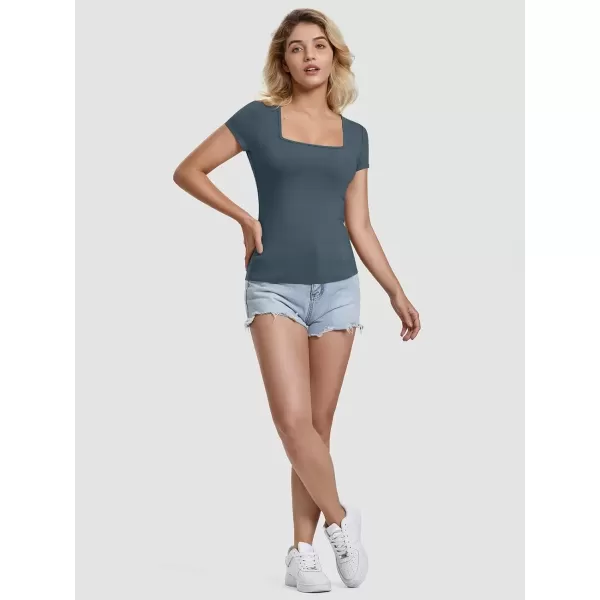 imageATHMILE Modal Short Sleeve Shirts for Women 2024 Fashion Square Neck Basics Slim Fitted TopsHaze Blue