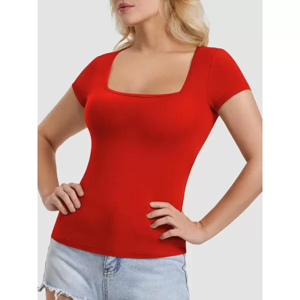 imageATHMILE Modal Short Sleeve Shirts for Women 2024 Fashion Square Neck Basics Slim Fitted TopsRed