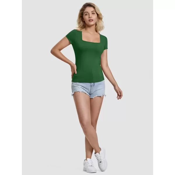 imageATHMILE Modal Short Sleeve Shirts for Women 2024 Fashion Square Neck Basics Slim Fitted TopsDarkgreen