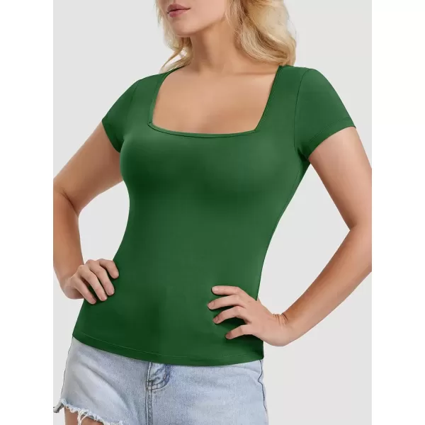 imageATHMILE Modal Short Sleeve Shirts for Women 2024 Fashion Square Neck Basics Slim Fitted TopsDarkgreen