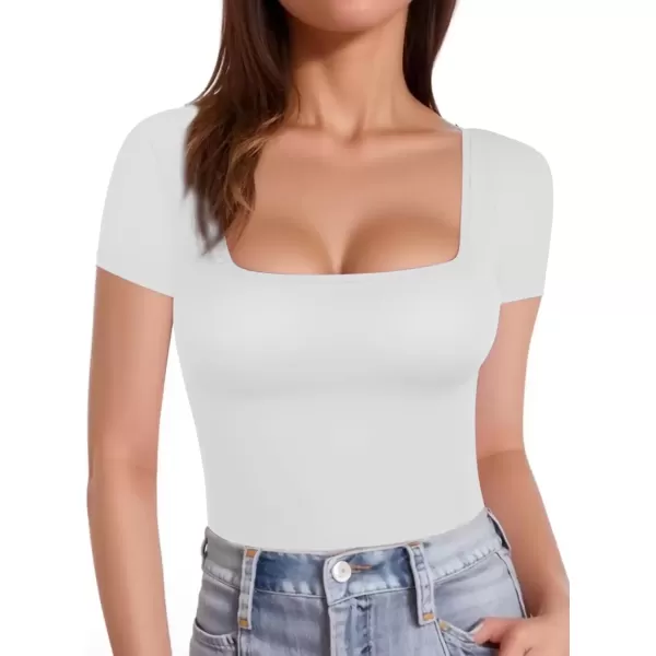 imageATHMILE Modal Short Sleeve Shirts for Women 2024 Fashion Square Neck Basics Slim Fitted TopsWhite