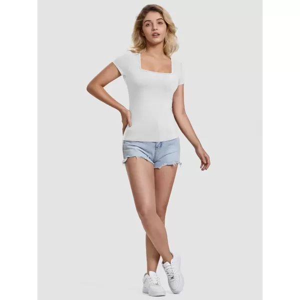 imageATHMILE Modal Short Sleeve Shirts for Women 2024 Fashion Square Neck Basics Slim Fitted TopsWhite