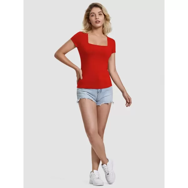 imageATHMILE Modal Short Sleeve Shirts for Women 2024 Fashion Square Neck Basics Slim Fitted TopsRed