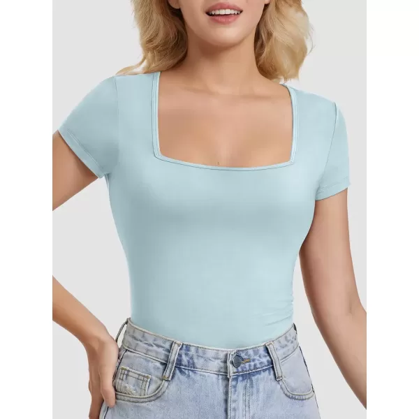 imageATHMILE Modal Short Sleeve Shirts for Women 2024 Fashion Square Neck Basics Slim Fitted TopsSkyblue