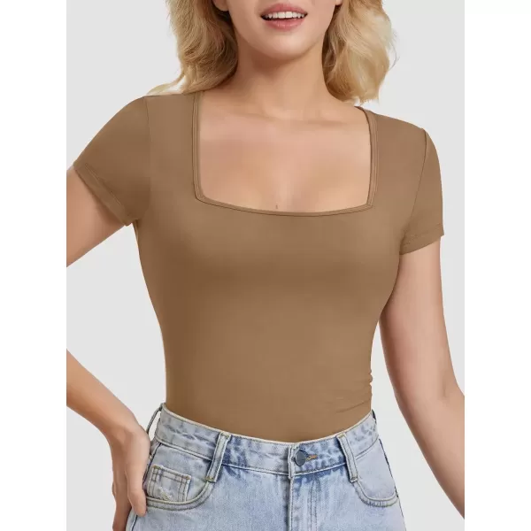 imageATHMILE Modal Short Sleeve Shirts for Women 2024 Fashion Square Neck Basics Slim Fitted TopsCoffee
