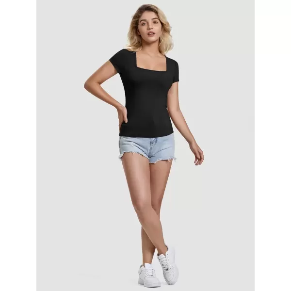 imageATHMILE Modal Short Sleeve Shirts for Women 2024 Fashion Square Neck Basics Slim Fitted TopsBlack