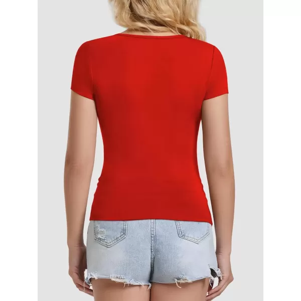 imageATHMILE Modal Short Sleeve Shirts for Women 2024 Fashion Square Neck Basics Slim Fitted TopsRed